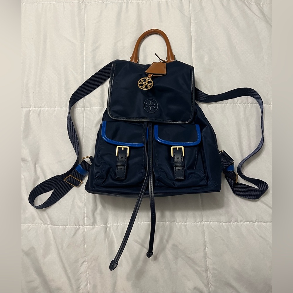 Tory Burch two tone blue nylon backpack.